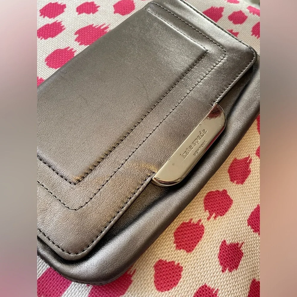 Kate Spade Metallic Silver Leather Flap Clutch/Wristlet